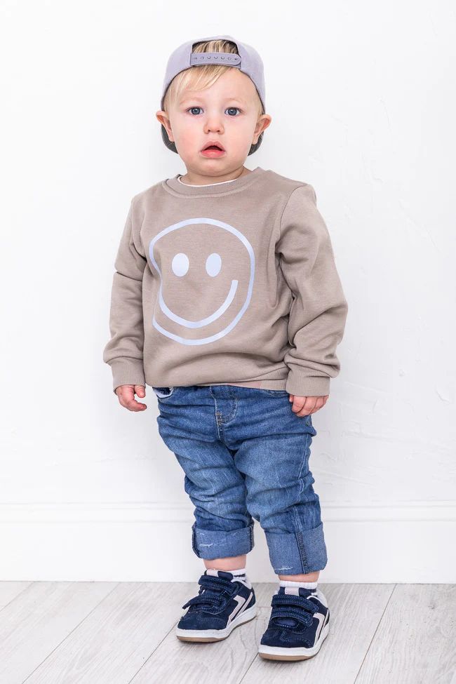 Blue Smiley Face Kids Super Soft Fleece Tan Graphic Sweatshirt | The Pink Lily Boutique