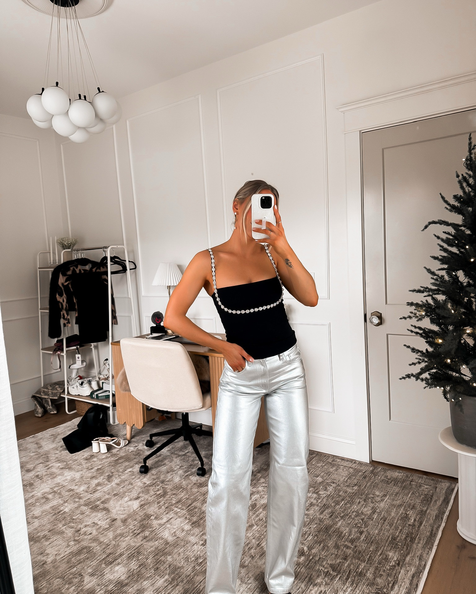 metallic pants (size up at least one! Wearing a 25 and these are TIGHT) and a sparkly shirt!! size xs in the shirt.🤗 would be cute paired with a blazer for the office! 

 

#LTKWorkwear #LTKSeasonal #LTKStyleTip