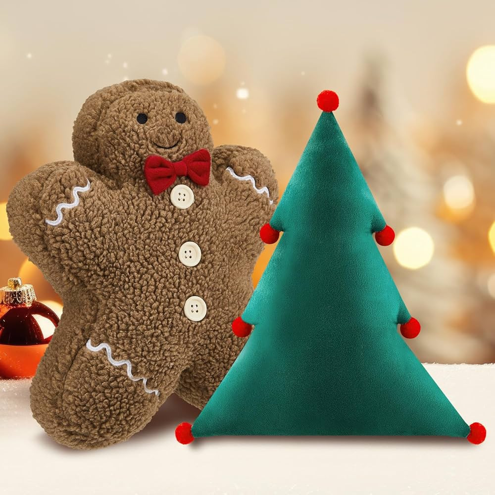Shappy 2 Pcs Christmas Pillow Plush Christmas Tree Gingerbread Man Pillows Christmas Shaped Throw... | Amazon (US)