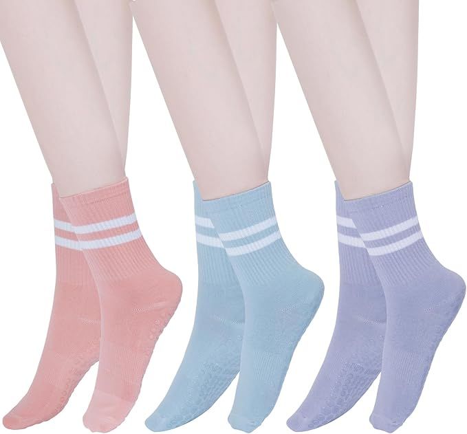 3 Pair Pilates Socks with Grips, Women Non Slip Socks Anti Skid Socks for Barre Ballet Dance Work... | Amazon (US)