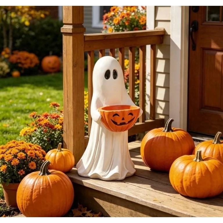 VVQ  11.8 Inch Outdoor Safe Ghost Figurine with Pumpkin Candy Bowl, Halloween Ghost Statue for Fr... | Walmart (US)
