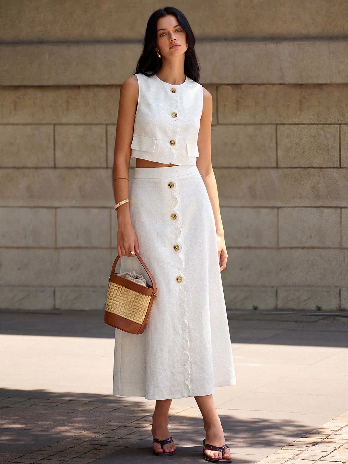 Cotton Linen Scallop Trim Vest & Skirt Set | Commense