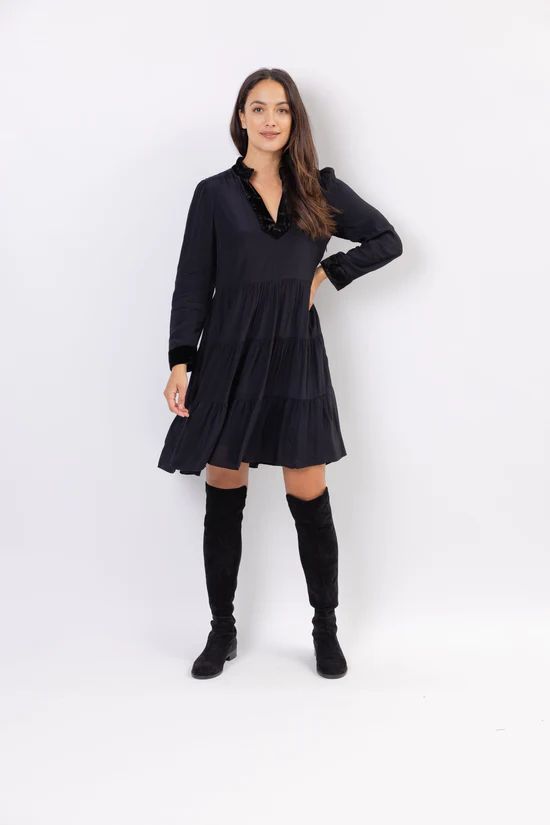 Black Tunic Flare Dress with Velvet Trim | Sail to Sable