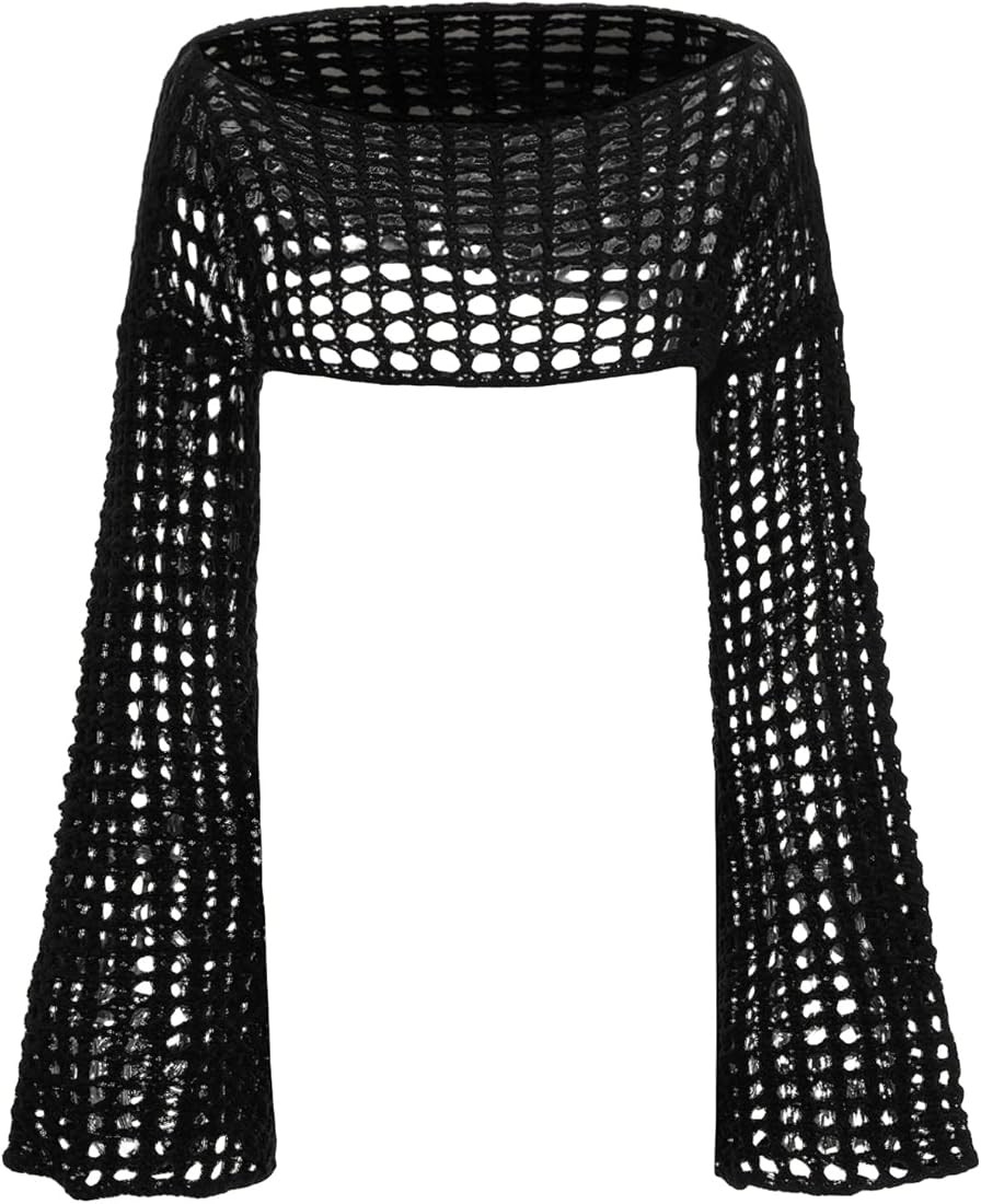 WDIRARA Women's Boat Neck Flounce Long Sleeve Crochet Hollow Out Sweater Crop Knit Top | Amazon (US)
