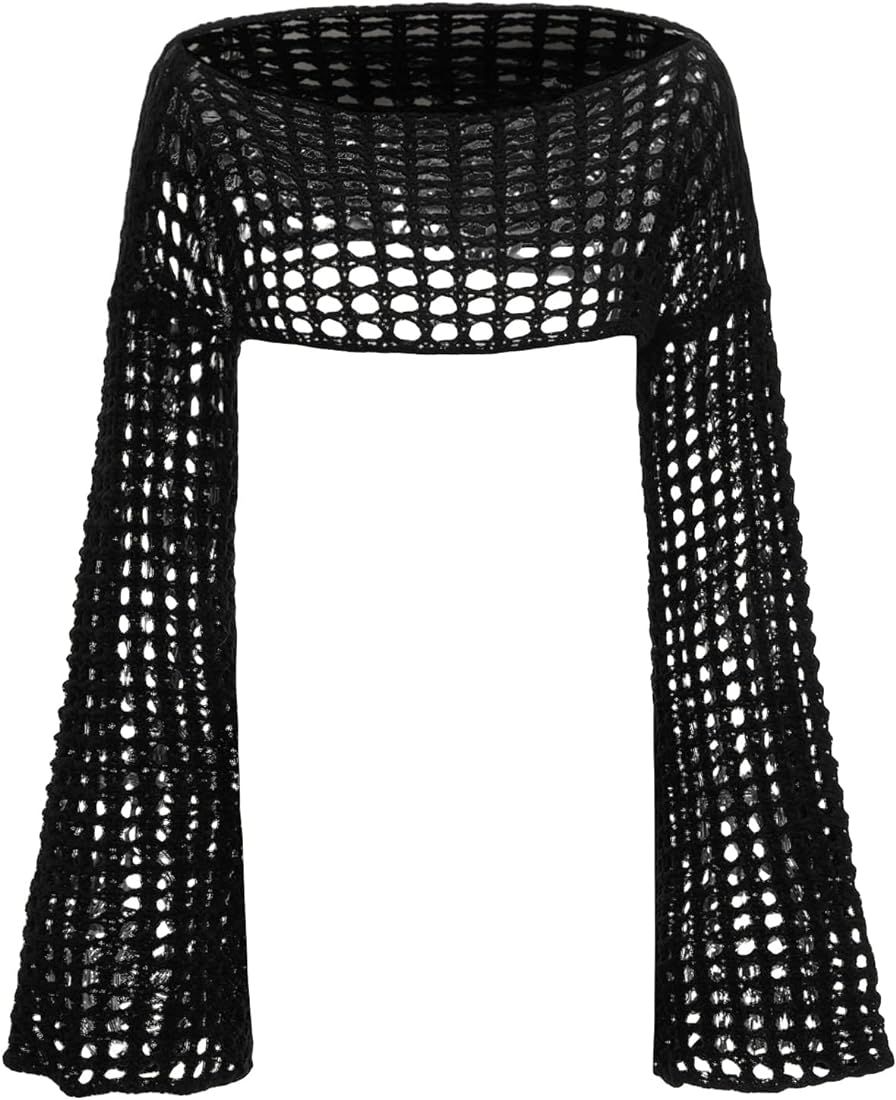 WDIRARA Women's Boat Neck Flounce Long Sleeve Crochet Hollow Out Sweater Crop Knit Top | Amazon (US)