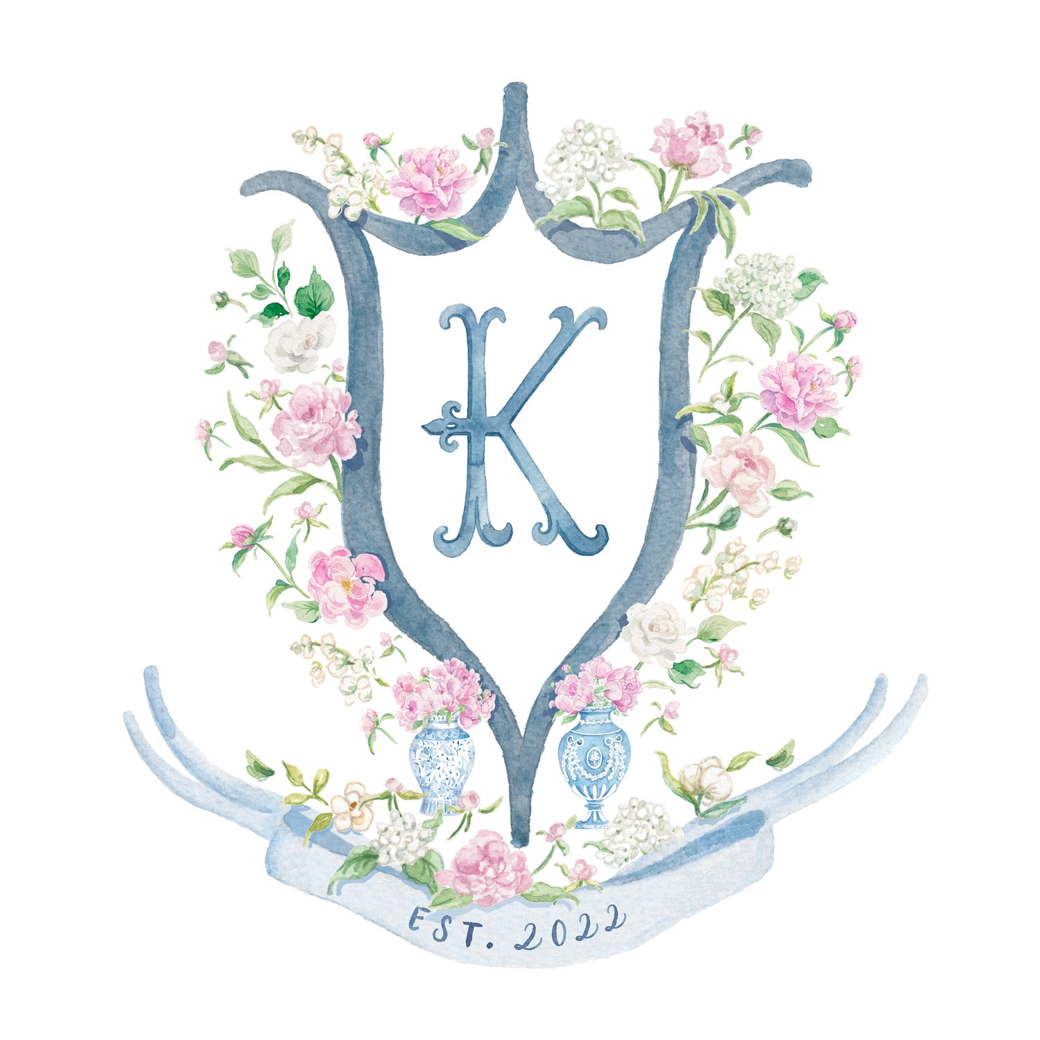 Peonies with Ginger Jars Personalized Watercolor Crest — Simply Jessica Marie | Simply Jessica Marie