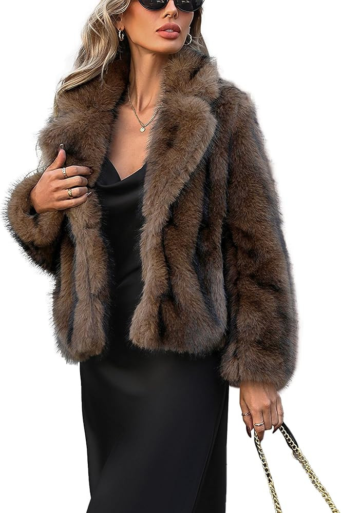 Women's Winter Faux Fur Coat Open Front Pockets Long Sleeve Fluffy Jacket | Amazon (US)