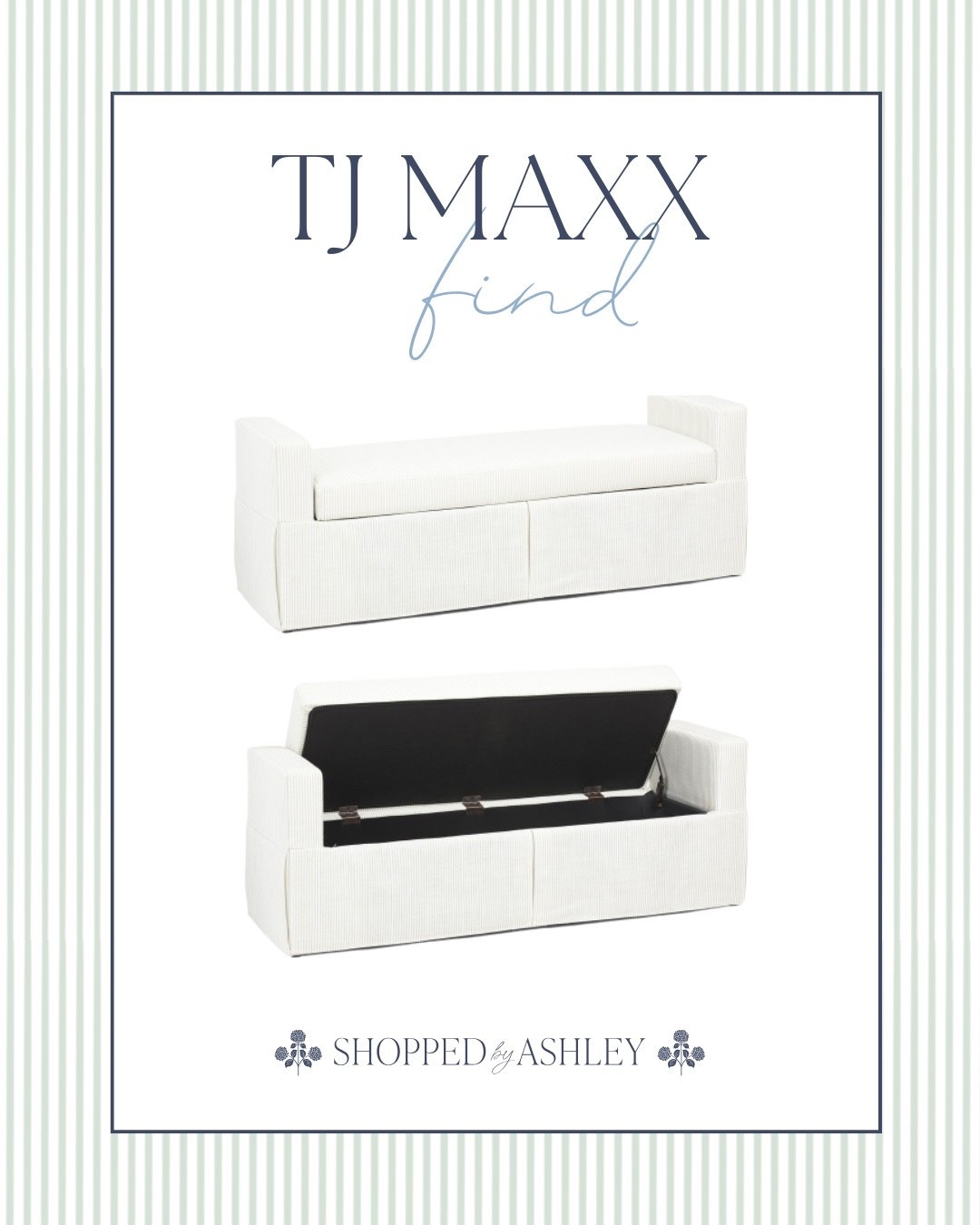 New green stripe Lillian August storage bench just added online at TJ Maxx! This is perfect for a window bench, end of bed, or nursery 💚

Storage bench, storage ottoman, HomeGoods find, Lillian August bench, TJ Maxx find, striped bench, green and white stripe, classic style, Grandmillennial style, Grandmillennial home 

#LTKHome #LTKStyleTip