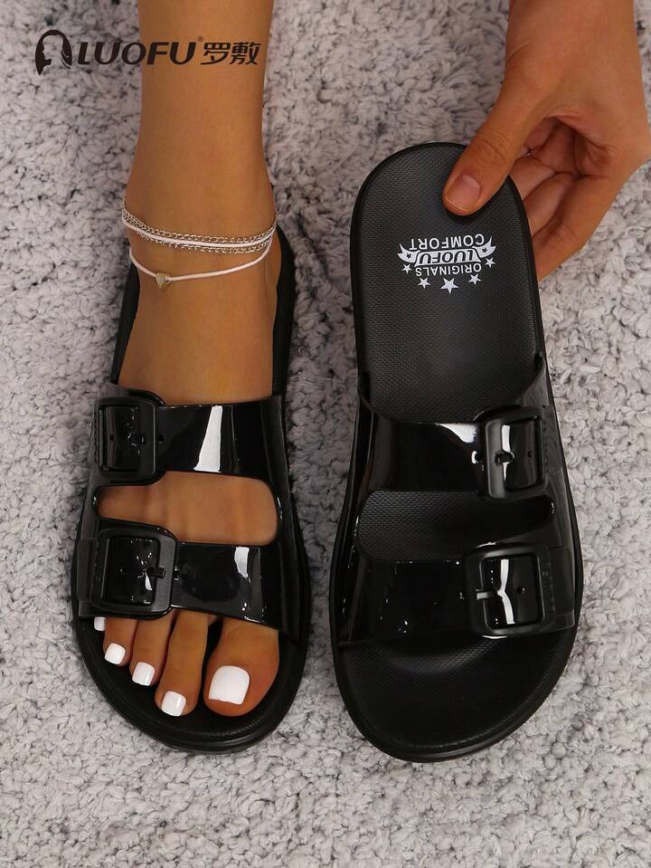 Luofu New Fashion Women Sandals, Outdoor Casual Dual Buckle Slippers, Thick EVA Sole Comfortable & , Indoor Waterproof Anti-Slip Slippers, Casual Slippers | SHEIN