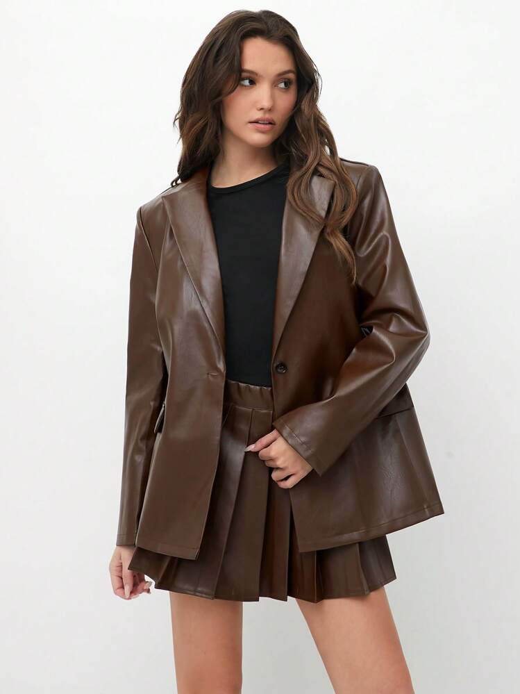 TRNVIE PU Loose Casual Jacket & Pleated A-Line Skirt Women's Suit Set | SHEIN