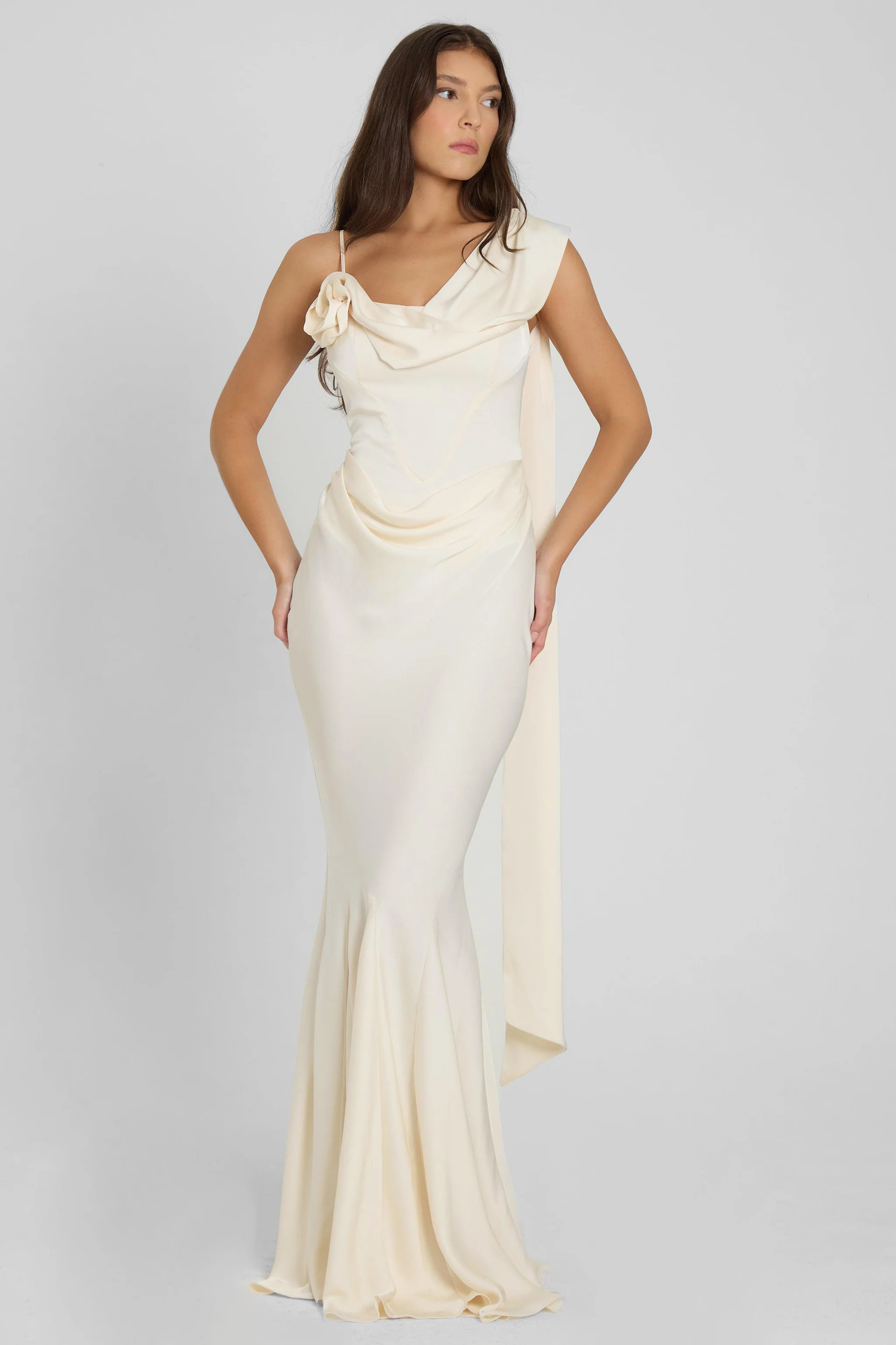 Celine Corset Drape Satin Gown - Ivory | LEAU (US)