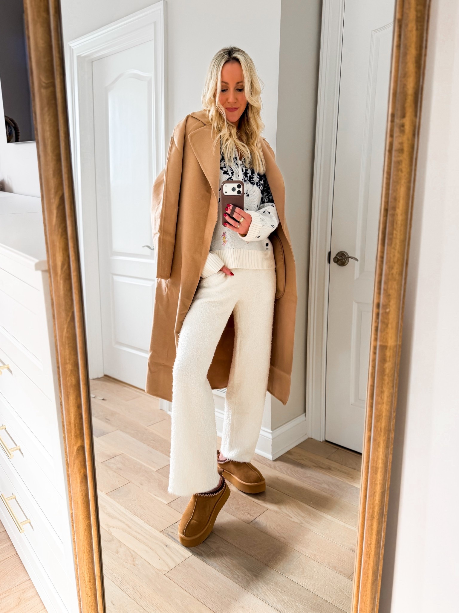 Holiday to winter new arrivals from Target!🎄❄️ Target new arrivals that are cozy, cozy, cozy! 🤩 Love this holiday sweater that you can take them into winter, too! SOO soft and stretchy! Obsessed with the comfy level of all! And can we talk about the cozy lounge pants? So stretchy (but they hold their shape) and soft, without being itchy! Have pockets! Add a camel coat and you’re good to go! Loving this affordable statement coat! Also, everything has been recently restocked Perfect for Christmas morning, holiday travel, and also to wear all Christmas vacation! Even perfect to wear after the holidays! I’m 5’7” wearing medium in the sweater and xs small in the lounge pants. 

#LTKFindsUnder50 #LTKHoliday #LTKGiftGuide