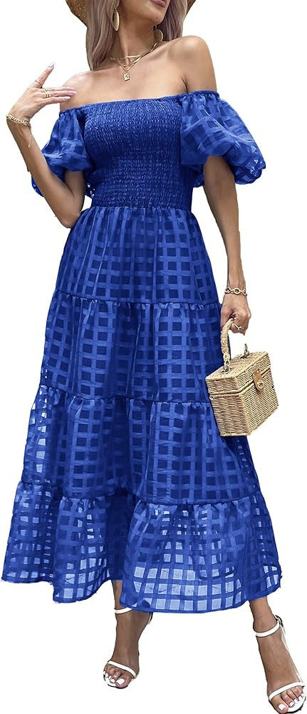 PRETTYGARDEN Womens Summer Puffy Short Sleeve Square Neck Smocked Tiered Ruffle Midi Dress | Amazon (US)