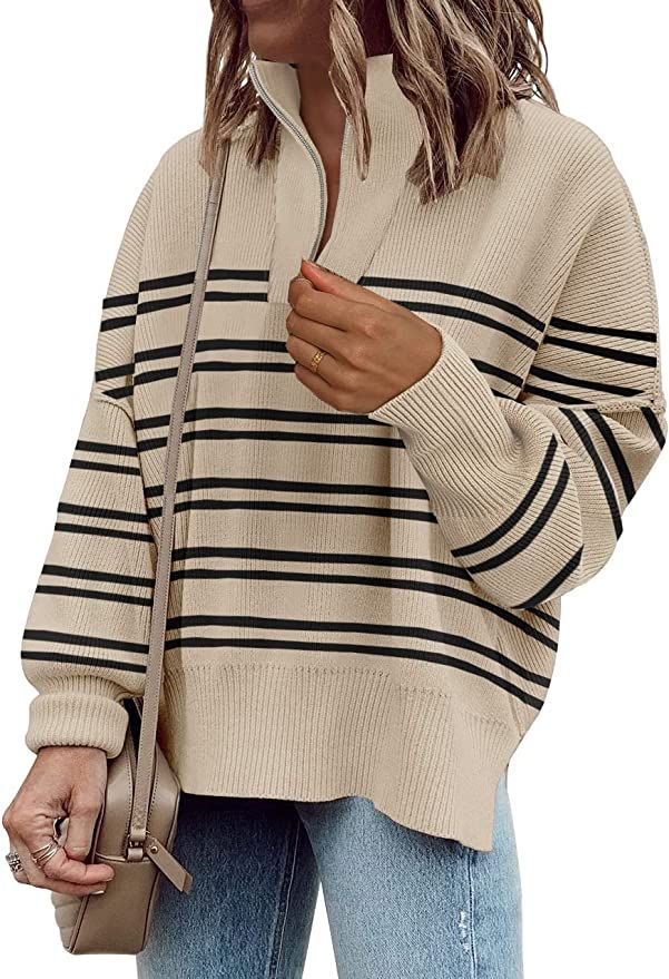 Womens Sweaters Casual Zipper Neck Knit Tops Batwing Sleeve Oversized Sweatshirt Strip... | Amazon (US)