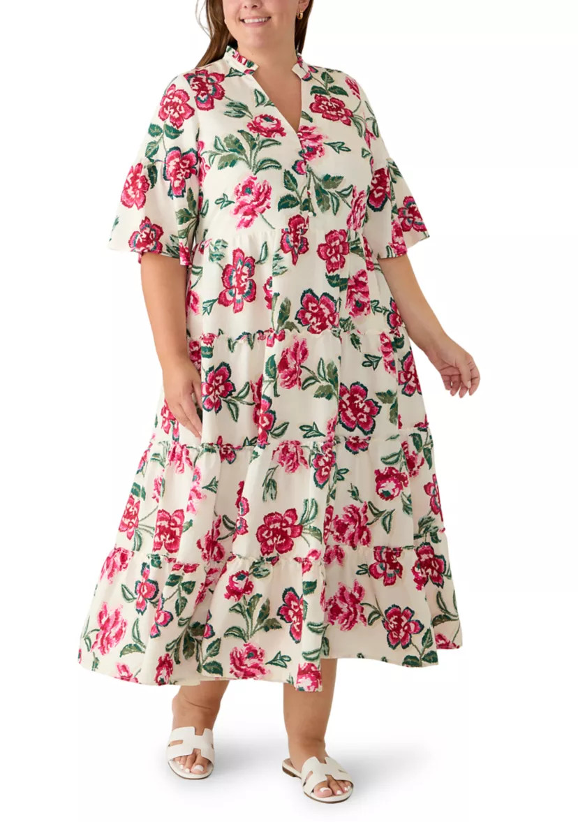 Plus Size Elbow Flare Sleeve Multi Tiered Printed Midi Dress | Belk