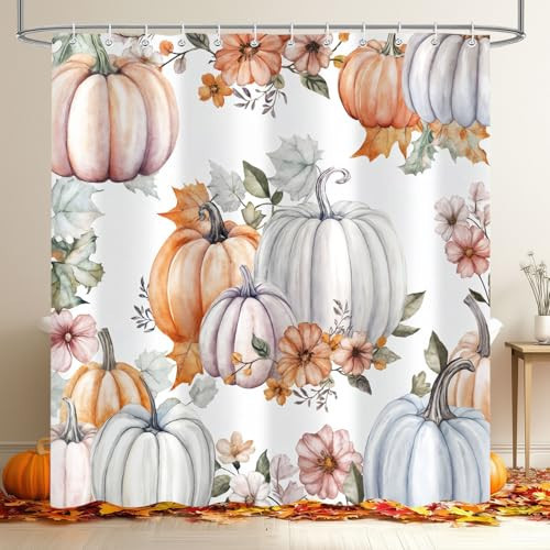 Raoycla Fall Thanksgiving Pumpkin Shower Curtain, Cute Pink Blue Watercolor Pumpkin Floral Autumn Boho Farmhouse Bathroom Decor, Waterproof Fabric with 12 Hooks 72 X 72 inch | Amazon (US)