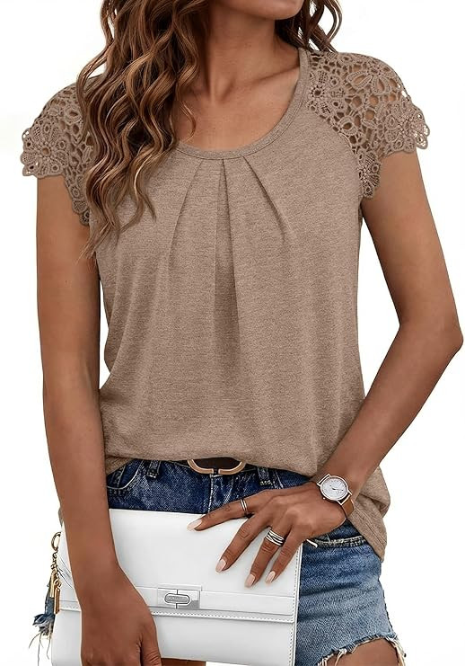 AUTOMET Women Lace Pleated Short Sleeve Shirts Summer Casual Dressy Blouses | Amazon (US)