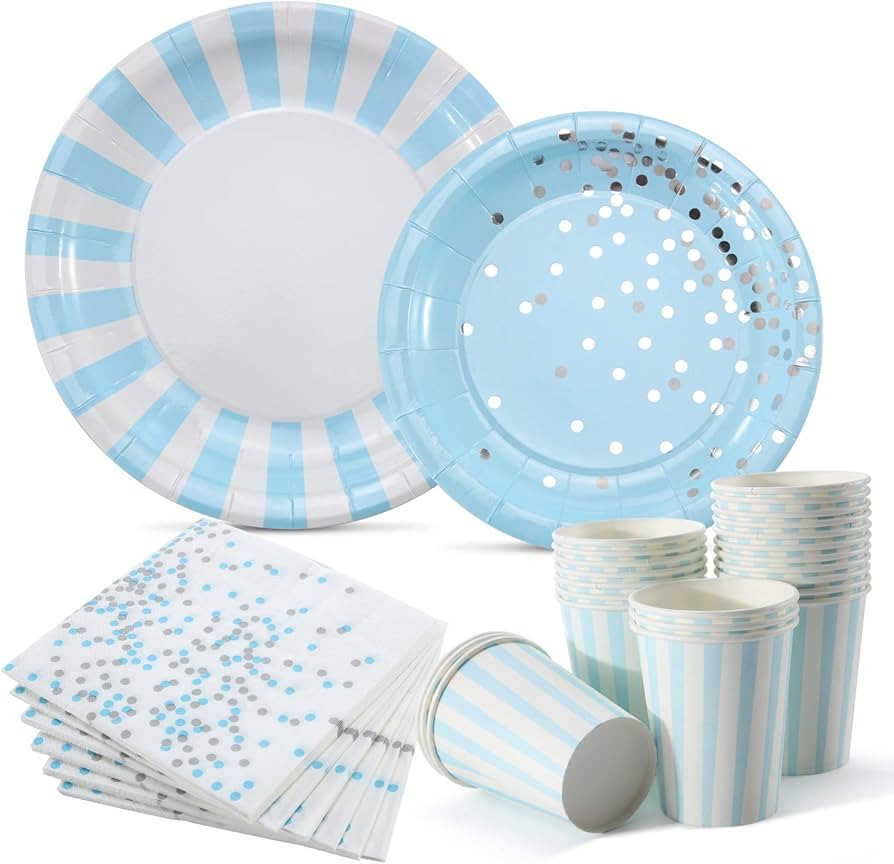 Plates and Napkins Set For Boys Birthday Baby Shower, Service 24 Guests 104Pcs Halema Blue and Sl... | Amazon (US)