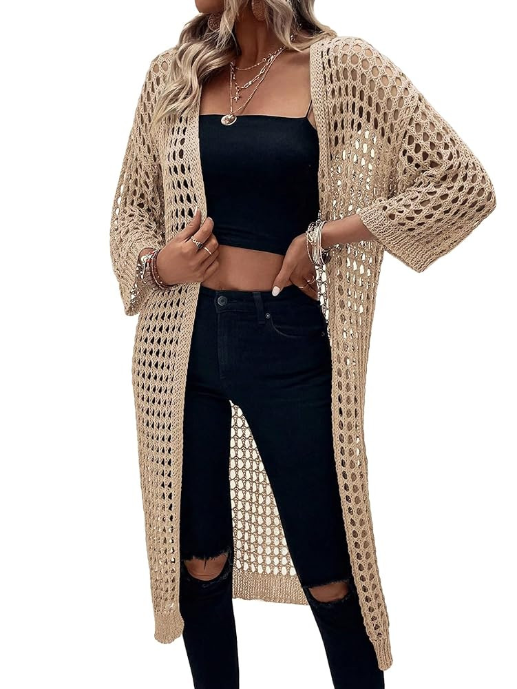 Verdusa Women's 3/4 Sleeve Long Cardigan Lightweight Hollow Out Crochet Knit Open Front Kimono | Amazon (US)