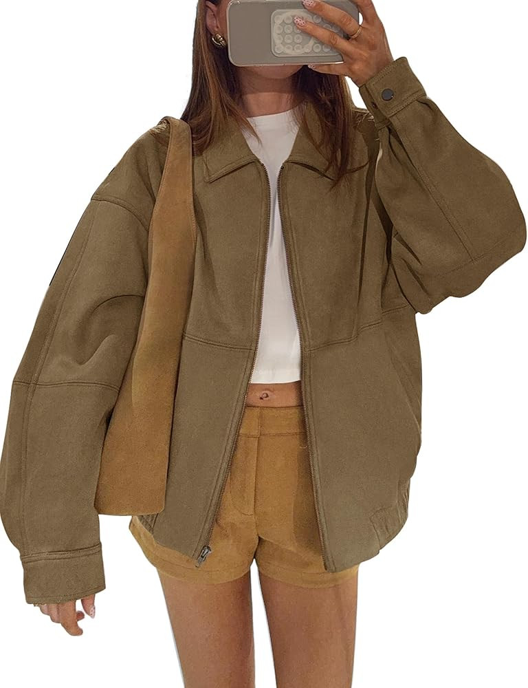 PHISOCKAT Women's Faux Suede Jackets Zip Up Long Sleeve Suede BomberJacket Oversized Fall Jackets... | Amazon (US)