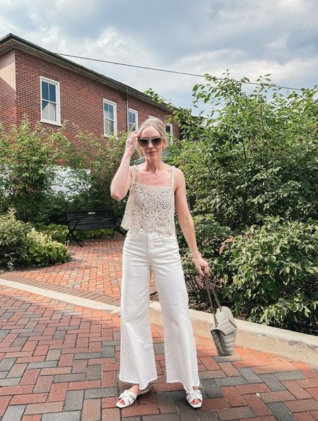 Crochet top, white jeans, cropped wide leg jeans, white slide sandals, summer date night 

#LTKFindsUnder100 #LTKSeasonal #LTKShoeCrush