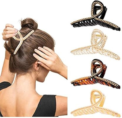 Whaline Hair Claw Clips With Gold Metal Braided Chain Set Transparent Black Beige Amber Hair Catc... | Amazon (US)