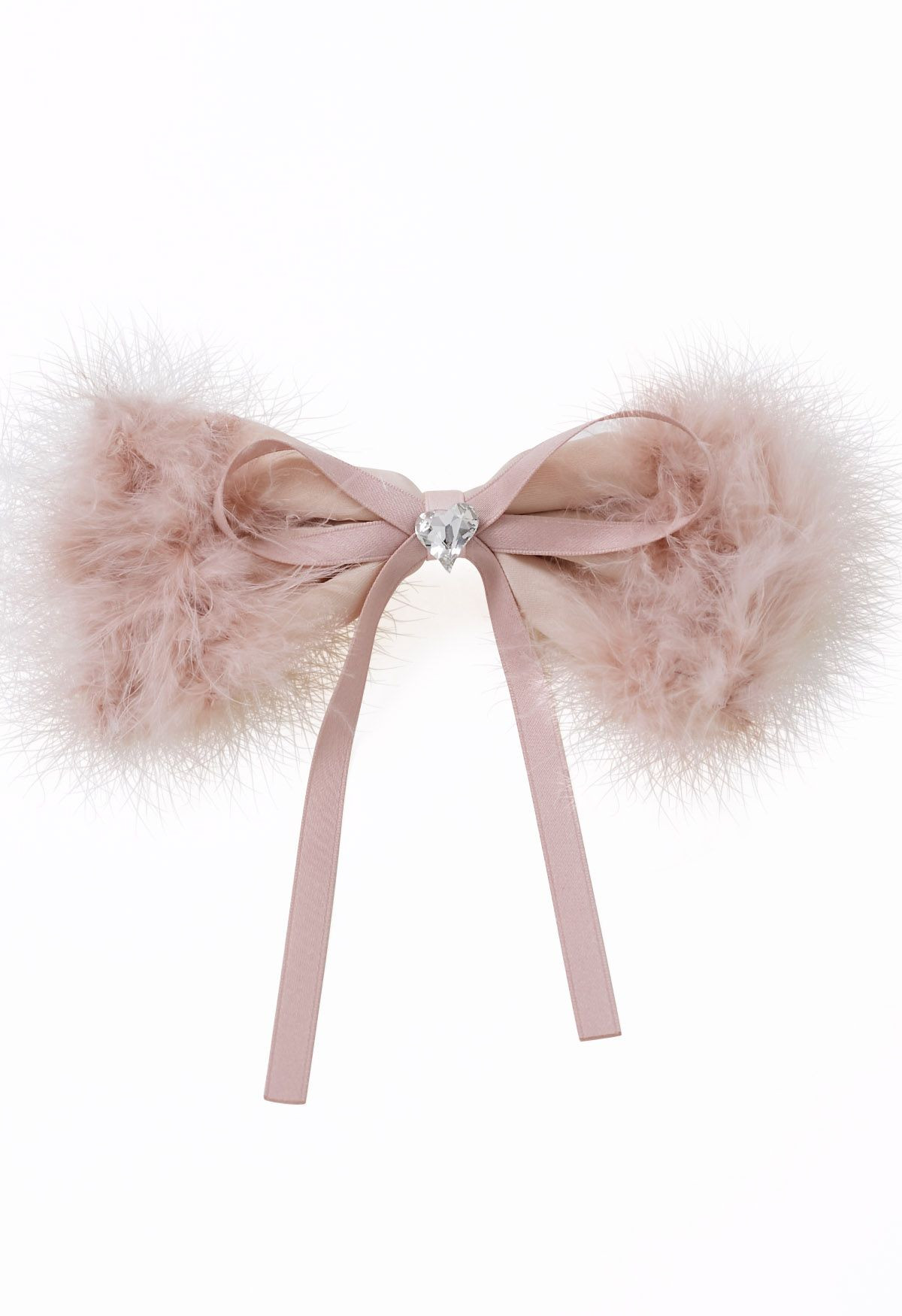 Heart Rhinestone Fuzzy Bowknot Hair Clip in Pink | Chicwish