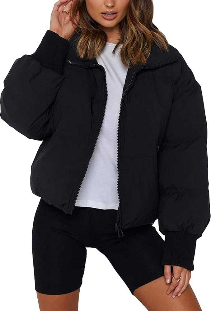 Tanming Womens Casual Puffer Jacket Long Sleeve Full Zip Black Padded Winter Coat | Amazon (US)