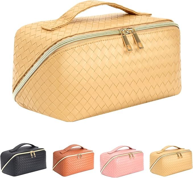 ZAUKNYA Large Capacity Travel Cosmetic Bag - Makeup Bag, Portable Leather Waterproof Women Makeup... | Amazon (US)