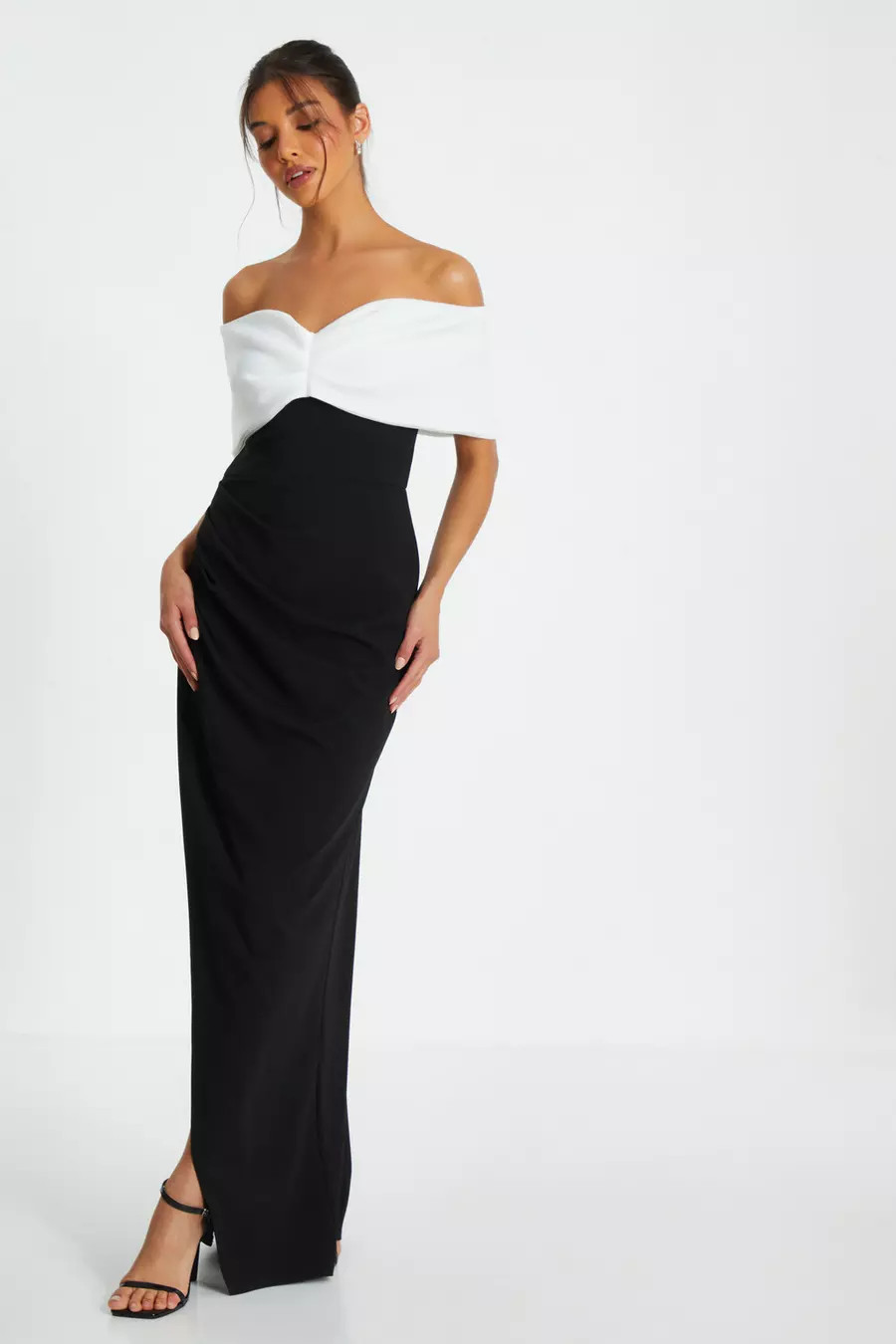 Black Contrast Bardot Ruched Maxi Dress | Quiz Clothing