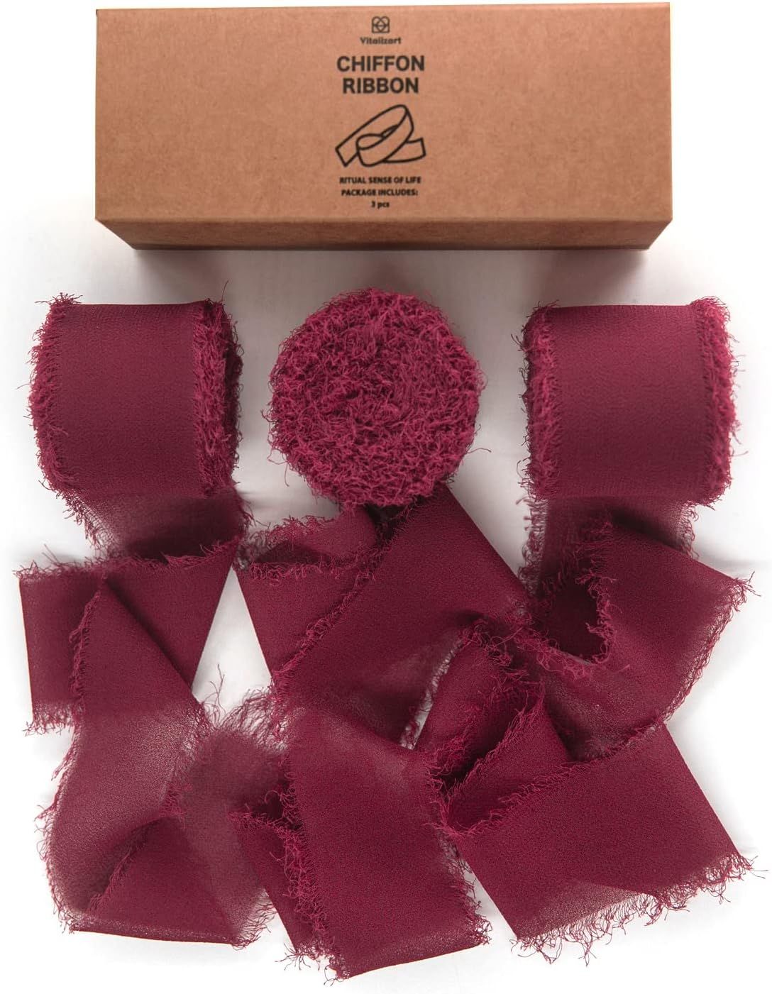 Vitalizart 3 Rolls Handmade Fringe Chiffon Silk Ribbon 1.5" x 7Yd Burgundy Ribbons Set for Weddin... | Amazon (US)