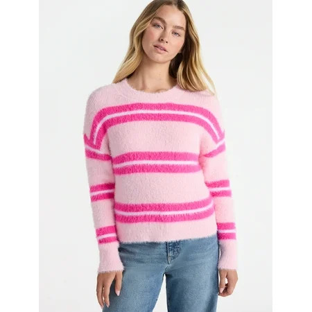 No Boundaries Striped Feather Sweater, Women's & Women's Plus | Walmart (US)