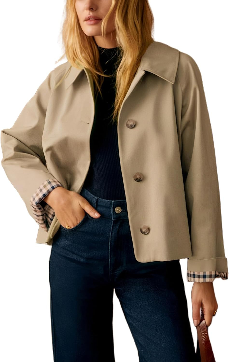 Dqbeng Womens Short Trench Jacket Plaid Lining Button Front Lightweight Classic Casual Outerwear with Pockets | Amazon (US)