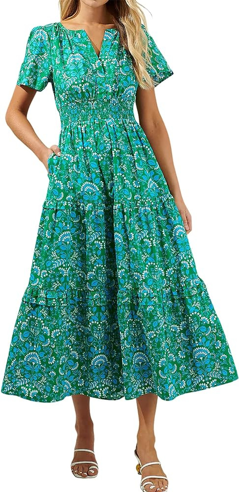 R.Vivimos Women's Summer Cotton V Neck Short Sleeve Boho Floral Print Elastic Smocked Waist A-Lin... | Amazon (US)