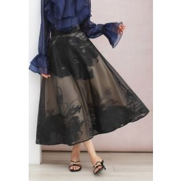 Shadow Black Floral Jacquard Organza Maxi Skirt for Evening Parties & Special Occasions | Chicwish