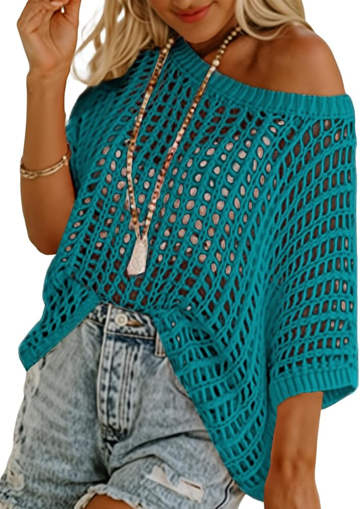 Dokotoo Womens Summer Scoop Neck Short Sleeve Sweater Casual Crochet Hollow Out Knit Tops Pullove... | Amazon (US)