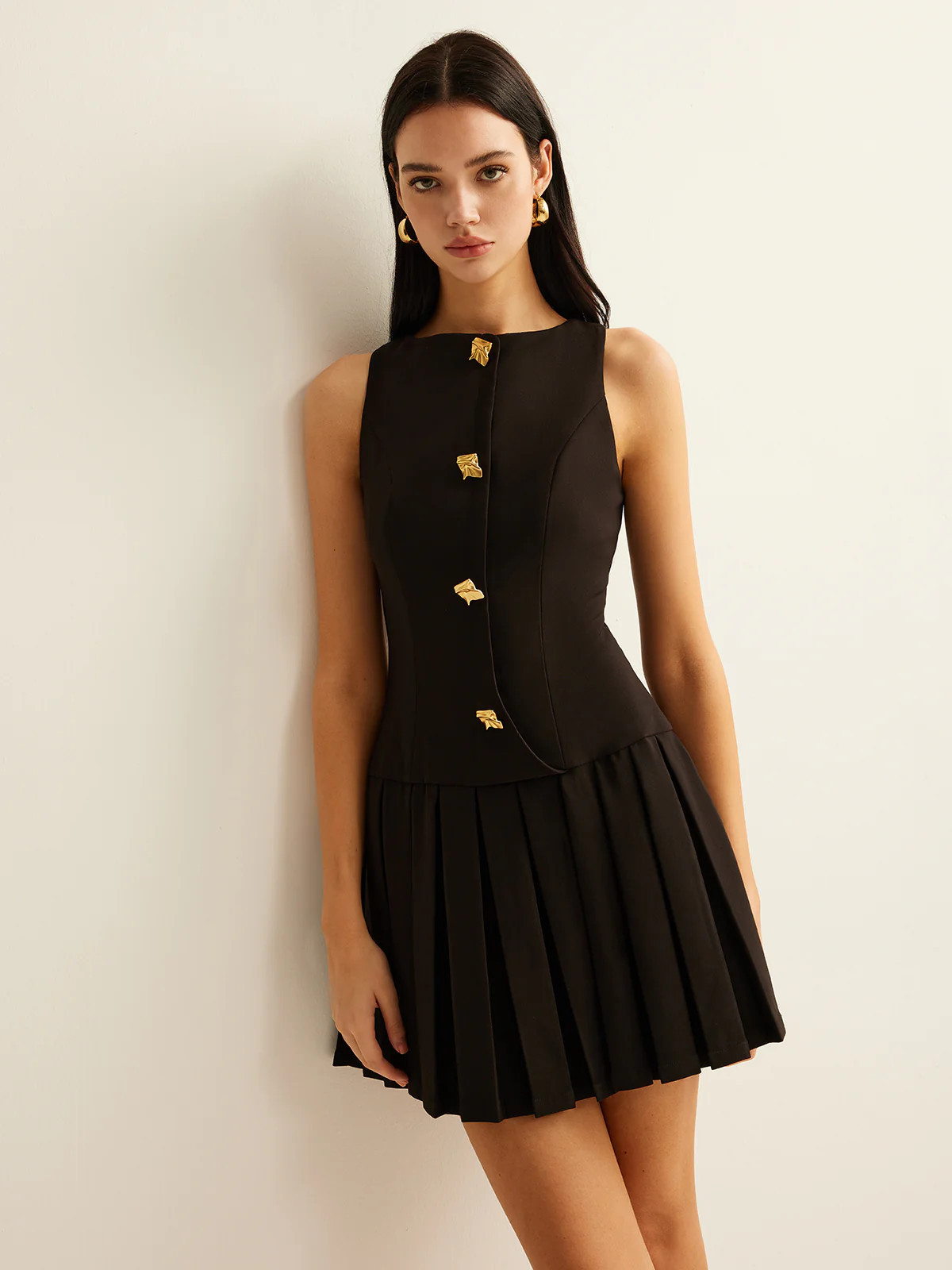 Metal-Button Pleated Tank Dress | Commense
