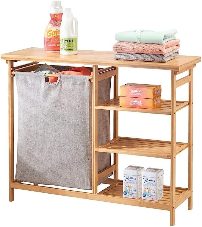 mDesign Bamboo Wood Laundry Station - Furniture Storage System with Hamper - 3 Open Storage Shelv... | Amazon (US)