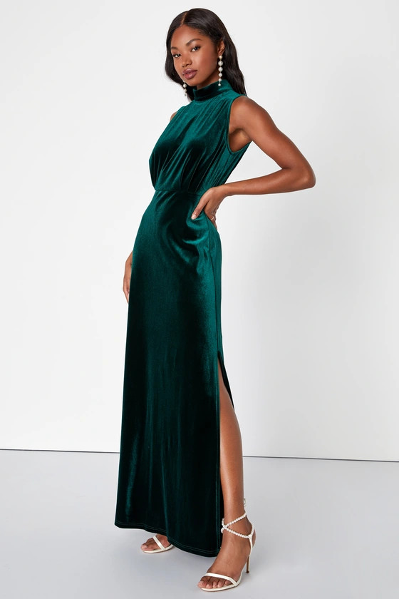 Classic Elegance Emerald Velvet Sleeveless Mock Neck Maxi Dress | Lulus