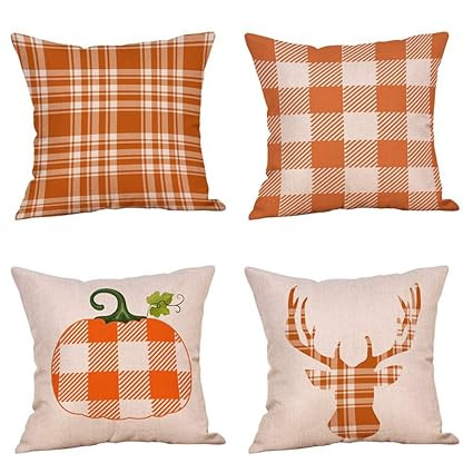 4 Pack Classic Retro Checkers Plaids Throw Pillow Covers Pumpkin Deer Fall Seasonal Decorative Pi... | Amazon (US)