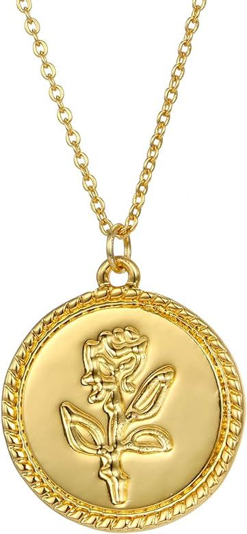 Feximzl 18K Gold Plated Rose Flower Coin Pendant Necklace with I Love You Message on Opposite Sid... | Amazon (US)