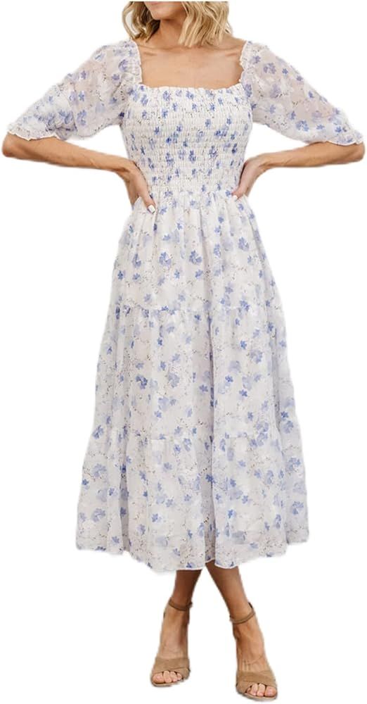 Sissyaki Women's Square Neck Tiered Long Dress Short Sleeve High Waist Smocked Midi Dress | Amazon (US)