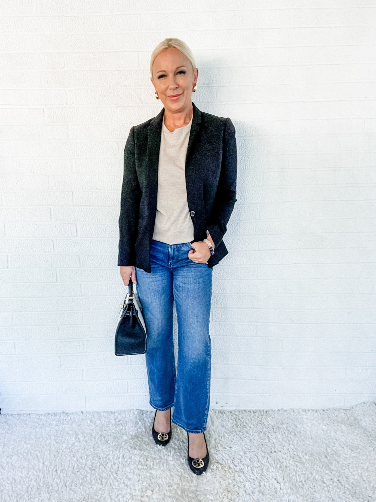 Black Blazer + Beige Tee + Jeans + Wedges = FALL FASHION 2023🍁☕️🫶🏼 

#LTKover40 #LTKworkwear #LTKSeasonal