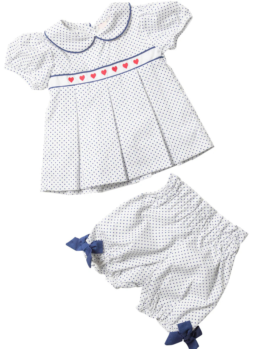 Hearts Embroidered Navy Polka Dot Bloomer Set | Smockingbird Kids
