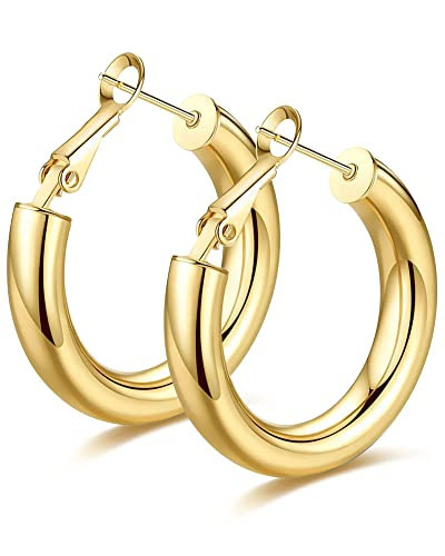 Wowshow Chunky Gold Hoop Earrings, Thick Gold Hoops Chunky Hoop Earrings for Women 14K Real Gold Plated Lightweight 28mm | Amazon (US)