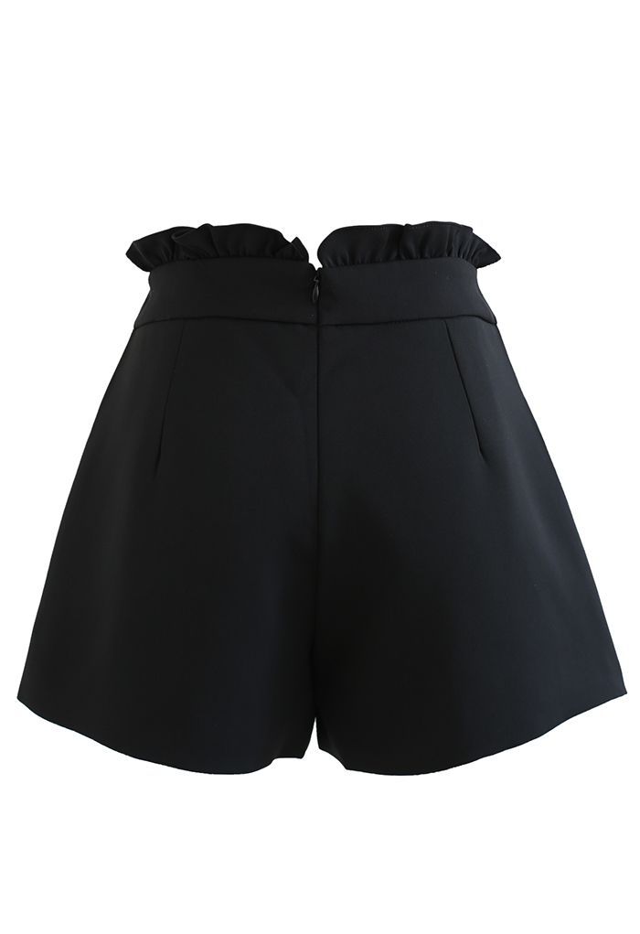 Ruffle Trim Pearl Button Flap Skorts in Black | Chicwish
