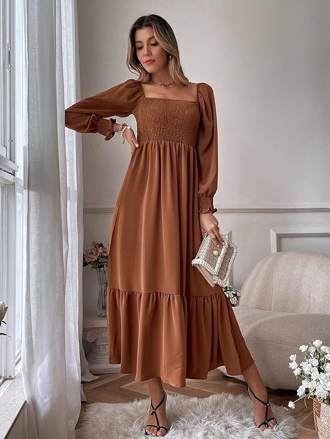 Amazon.com: WDIRARA Women's Square Neck Flounce Shirred Ruffle Hem Elegant Long Sleeve Maxi Dress... | Amazon (US)