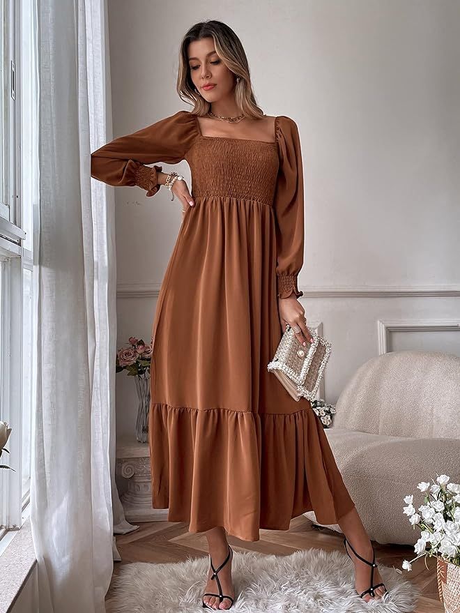 Amazon.com: WDIRARA Women's Square Neck Flounce Shirred Ruffle Hem Elegant Long Sleeve Maxi Dress... | Amazon (US)