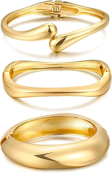 Chunky Gold Bangle Bracelets for Women, Dainty 14k Gold Plated Big Stackable Bangles Set, Trendy Statement Cuff Bracelet Stack Fashion Jewelry Gifts | Amazon (US)