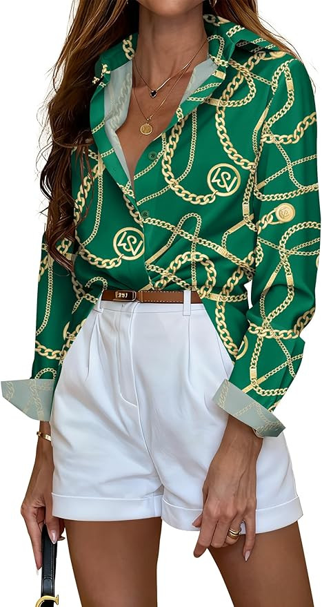 Sarin Mathews Button Down Shirts for Women Dressy Casual Long Sleeve Blouses Printed Collared Bus... | Amazon (US)